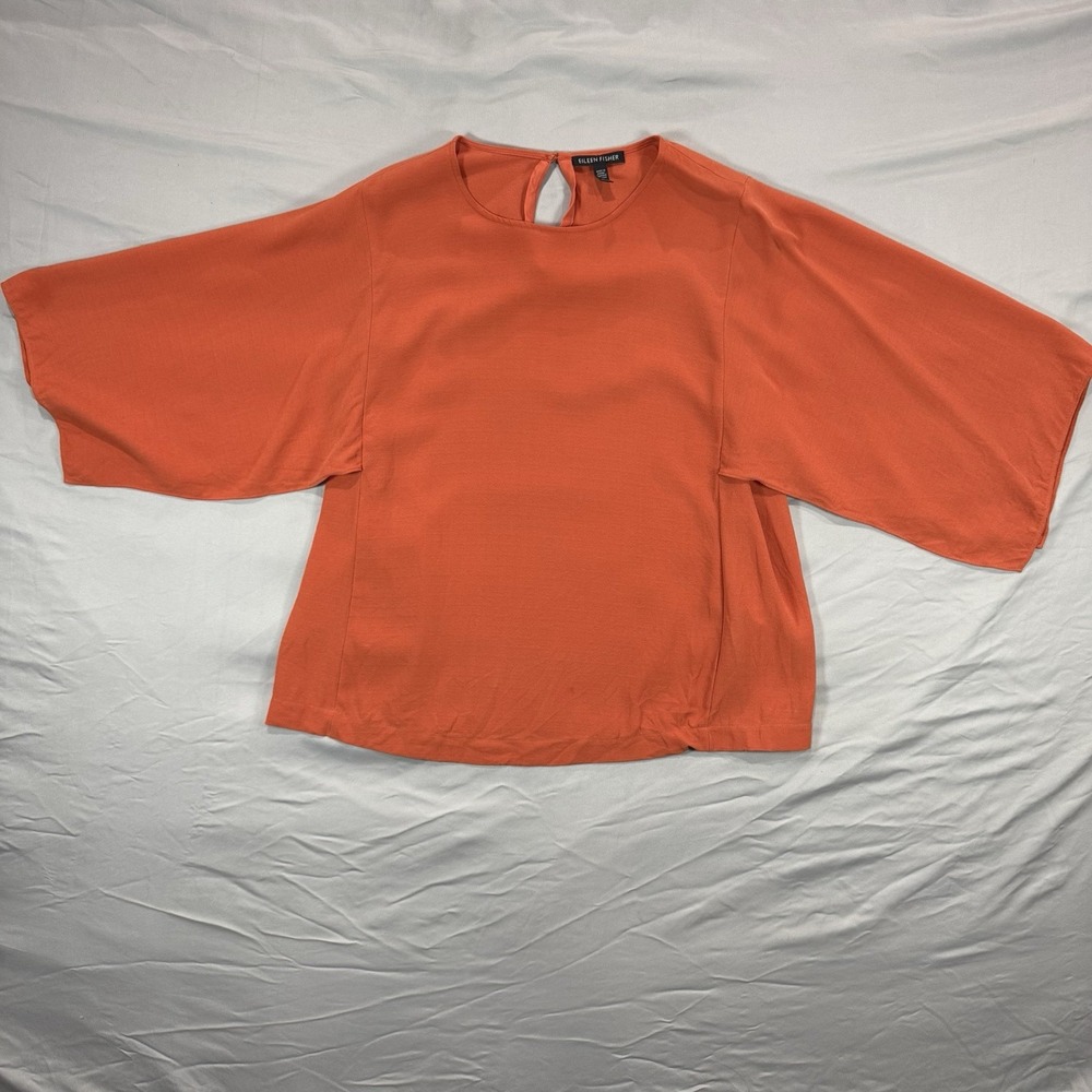 Eileen Fisher Blouse 100% Silk Top Sz XS Cape-Sleeve Orange Georgette Career